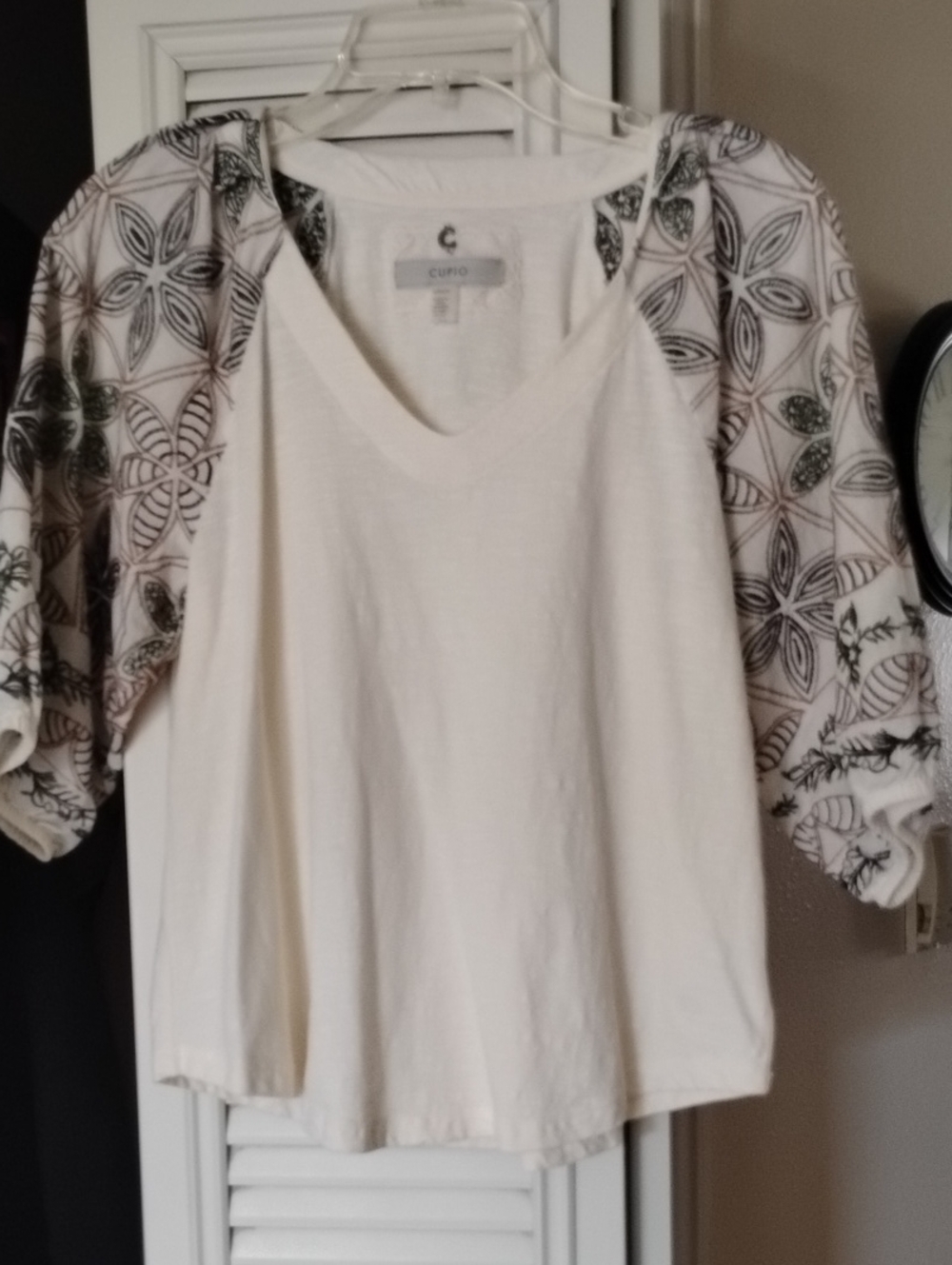 Cupio Cream Short Sleeve V-Neck Top with Patterned Puff Sleeves
